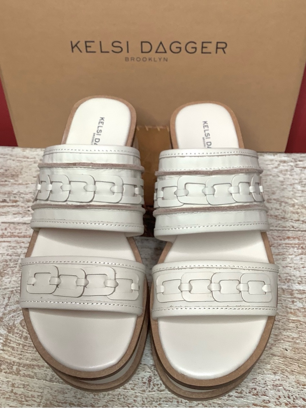 KELSI DAGGER Brooklyn Drift White Buckle 2 Strap Leather Platform Slide Sandal
